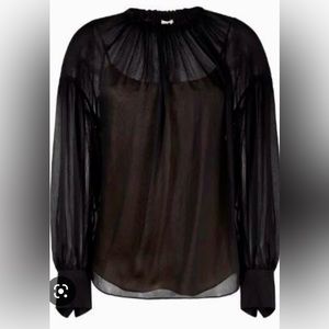 Vince Shirred Neck Silk Blouse-Black-Size M